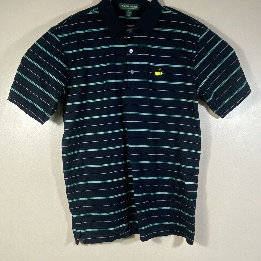 Masters Amen Corner Golf Polo Shirt Men's Large Augusta Logo Blue Green Stripe
